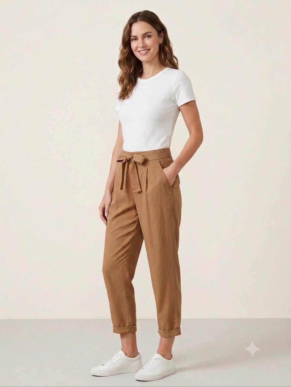 Tahari Tencel High Waisted Tie Belt Tapered Crop Pants Size S Tan Caramel Brown